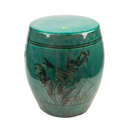 Green Vintage Large Stool With Carving