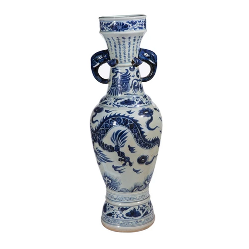 Blue And White Dragon Vase Elephant Nose Handle