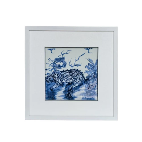 Handpainted Blue & White Porcelain Tile White Wash Wood Frame Kirin Motif