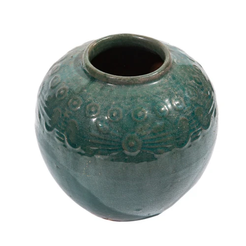 Vintage Dark Green Carved Jar Round