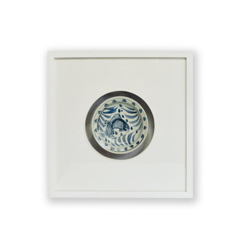 Handpainted Blue & White  Porcelain Plate Shadow Box - Fish Splashing