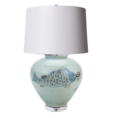 Large Cone Blue & White Fish Jar Table Lamp