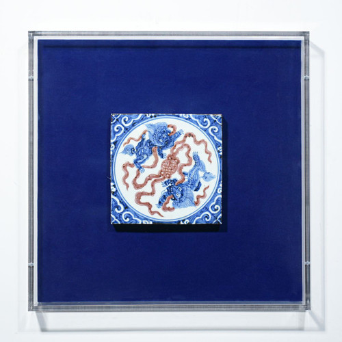 Handpainted Antique Reproduction Porcelain Tile Dancing Lions - Acrylic Shadow Box /S06