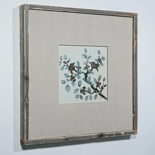 Hand Painted Blue & White Brown Porcelain Tile Sparrows on Branches - Framed /12F02