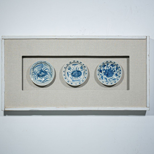 Handpainted Blue & White Porcelain Flower Plates Set of 3 - Wooden Shadow Box /S10