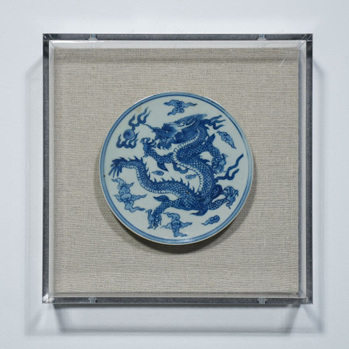 Handpainted Blue & White Porcelain Coaster Dragon - Acrylic Shadow Box /S59