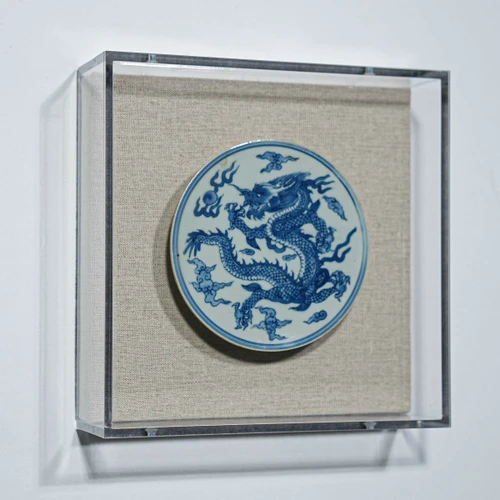 Handpainted Blue & White Porcelain Coaster Dragon - Acrylic Shadow Box /S59