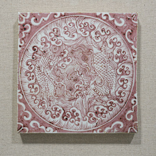 Handpainted Antique Reproduction Porcelain Tile Double Dragon Dancing in Ocean - Acrylic Shadow ...