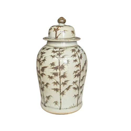Barclay Butera Couture Graceful Bamboo.. Large Brown & White Porcelain Temple Jar