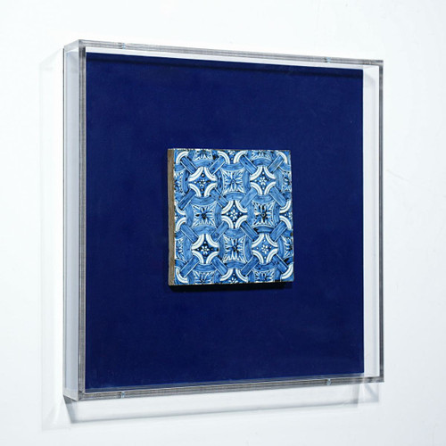 Handpainted Antique Reproduction Porcelain Tile Blue & White Lucky Knots - Acrylic Shadow Box /S06