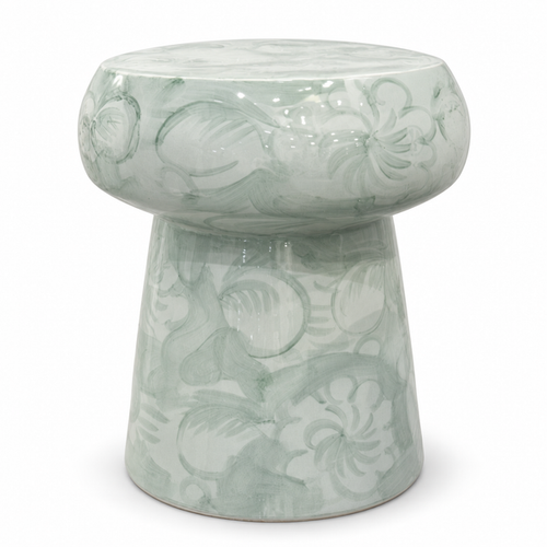 Green & White Mushroom Porcelain Garden Stool Silla Flower Motif