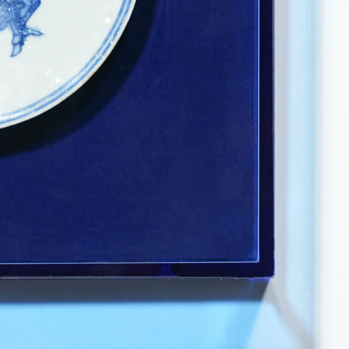 Handpainted Blue & White Porcelain Coaster God of Longevity - Acrylic Shadow Box /S55