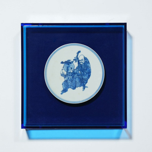 Handpainted Blue & White Porcelain Coaster God of Longevity - Acrylic Shadow Box /S55