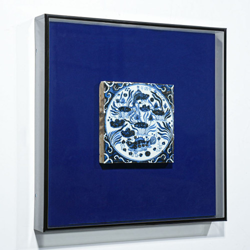 Handpainted Antique Reproduction Porcelain Tile Blue & White Lucky Fish - Acrylic Shadow Box /S04