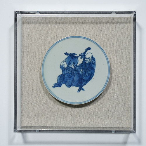 Handpainted Blue & White Porcelain Coaster God of Longevity - Acrylic Shadow Box /S59