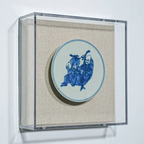 Handpainted Blue & White Porcelain Coaster God of Longevity - Acrylic Shadow Box /S59