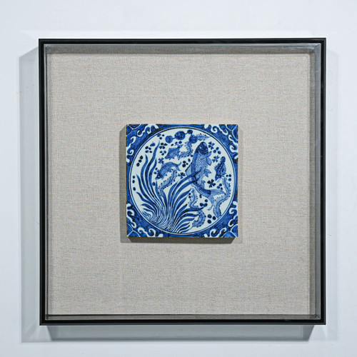 Handpainted Antique Reproduction Porcelain Tile Blue & White Alge Fish - Acrylic Shadow Box /S07