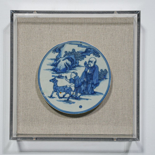 Handpainted Blue & White Porcelain Coaster God of Prosperity - Acrylic Shadow Box /S59