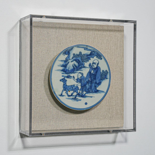 Handpainted Blue & White Porcelain Coaster God of Prosperity - Acrylic Shadow Box /S59