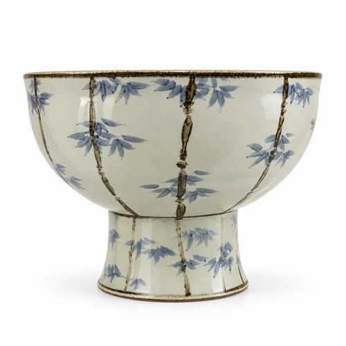 Blue & White Brown Porcelain Serving Bowl Tall Base Charming Bamboo
