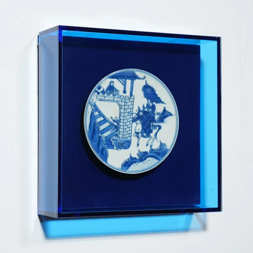 Handpainted Blue & White Porcelain Coaster Enemy At Gate - Acrylic Shadow Box /S55