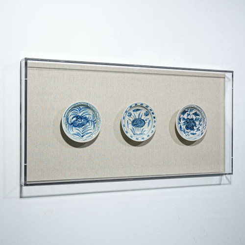 Handpainted Blue & White Porcelain Flower Plates Set of 3 - Acrylic Shadow Box /S09