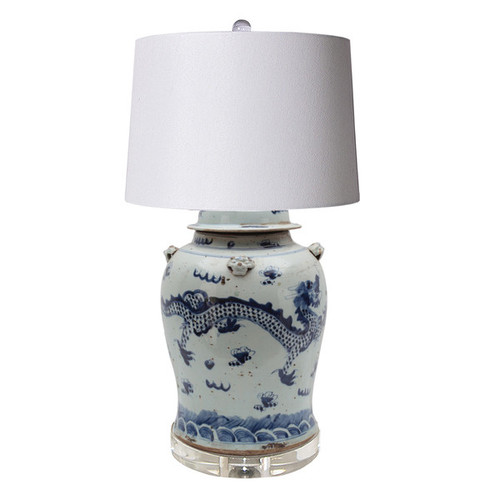 Blue & White Vintage Dragon Porcelain Temple Jar Lamp Acrylic Base 2 Sizes