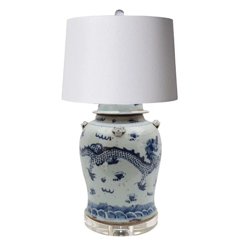 Blue & White Vintage Four Season Plants Porcelain Temple Jar Lamp Acrylic Base 2 Sizes