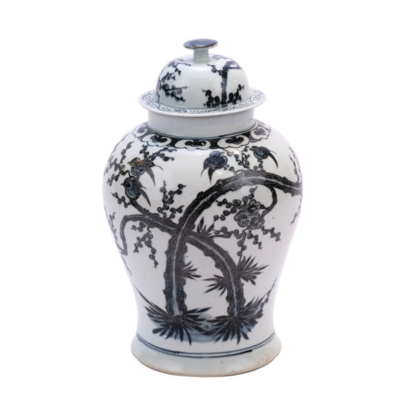 Indigo Porcelain Magpie On Plum Treetop Temple Jar