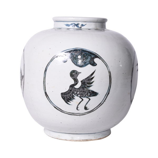 Indigo Porcelain Medallion Jar Crane Turtle Motif