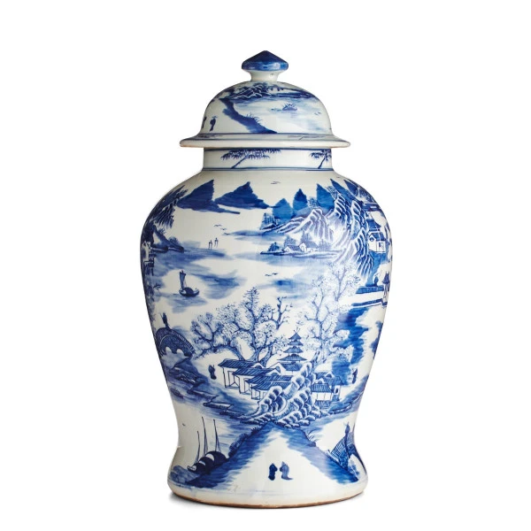 Blue And White  Porcelain Temple Jar Mountain Village Scene
