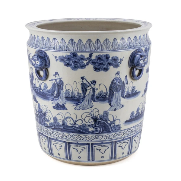 Blue And White Porcelain Eight Immortals Planter With Lion Handle
