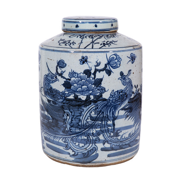 B&W Dynasty Tea Jar Phoenix Peony Motif - 2 Sizes