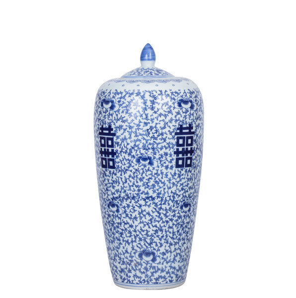 Blue And White  Porcelain Floral Double Happiness Tall Ginger Jar