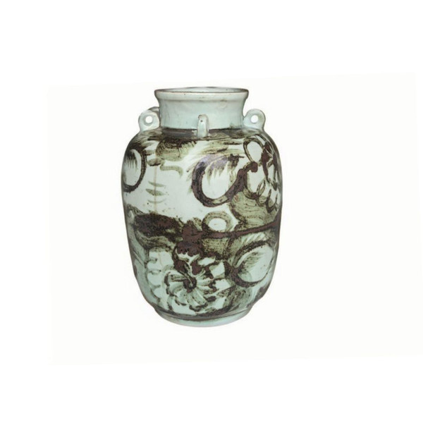 Barclay Butera Couture Rustic Brown & White.. Porcelain Ear Loop Jar Silla Flower