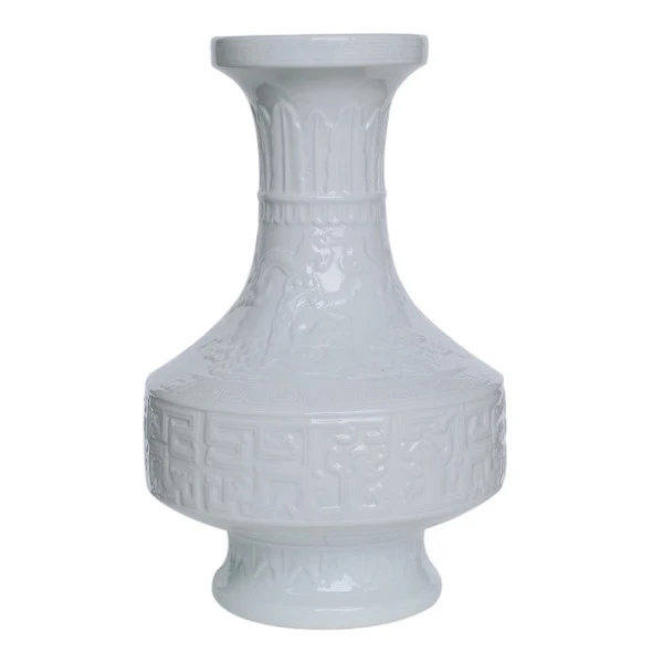 Barclay Butera Couture Dragon Carving.. Imperial Porcelain Vase White