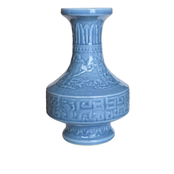 Barclay Butera Couture Dragon Carving.. Imperial Porcelain Vase Icy Blue