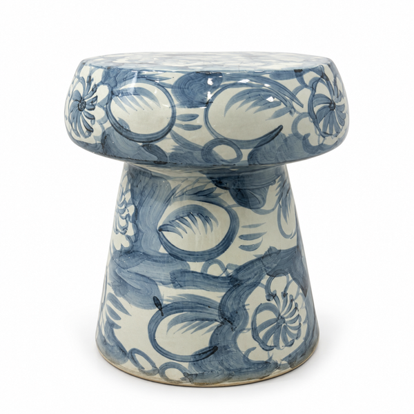 Blue & White Mushroom Porcelain Garden Stool Silla Flower Motif
