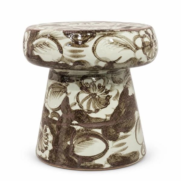 Brown & White Mushroom Porcelain Garden Stool Silla Flower Motif