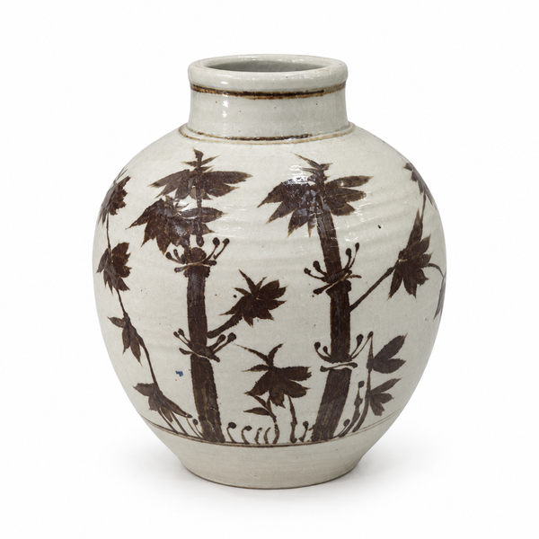 Rustic Brown Porcelain High Top Pot Flower & Bird Motif