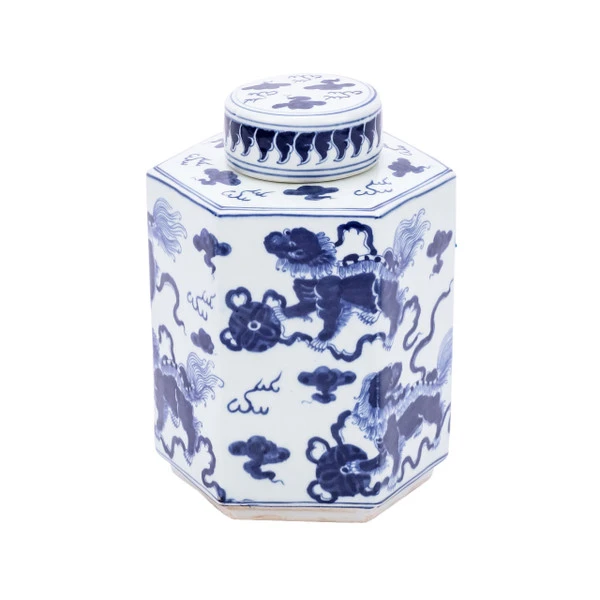 Blue & White Lion Hexagonal Tea Jar