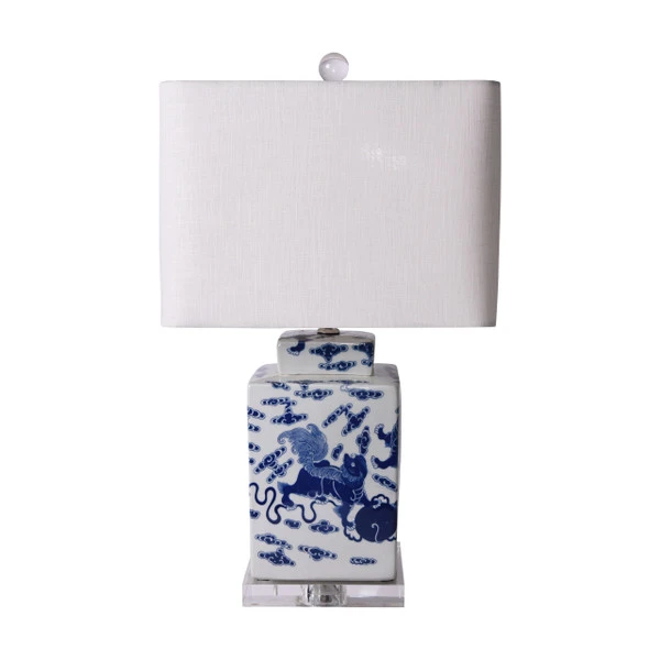 Blue & White Porcelain Foo Dog Square Tea Jar Lamp