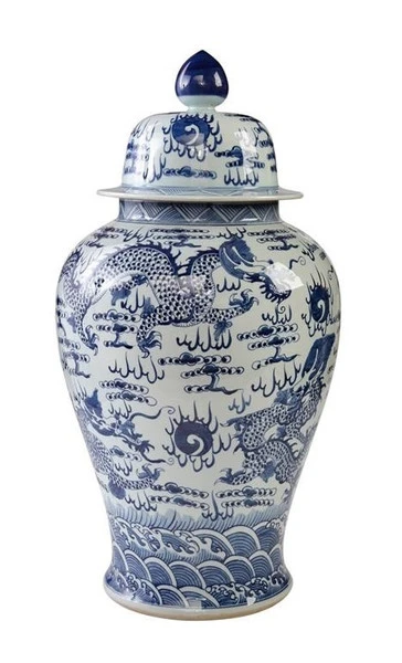 Blue & White Temple Jar Sea Dragon Motif - L