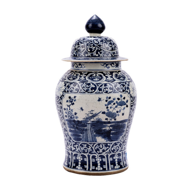 Blue & White Porcelain Dynasty Temple Jar Floral Landscape Medallion
