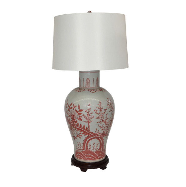 Coral Red Balster Porcelain Vase Plum Tree Motif Lamp