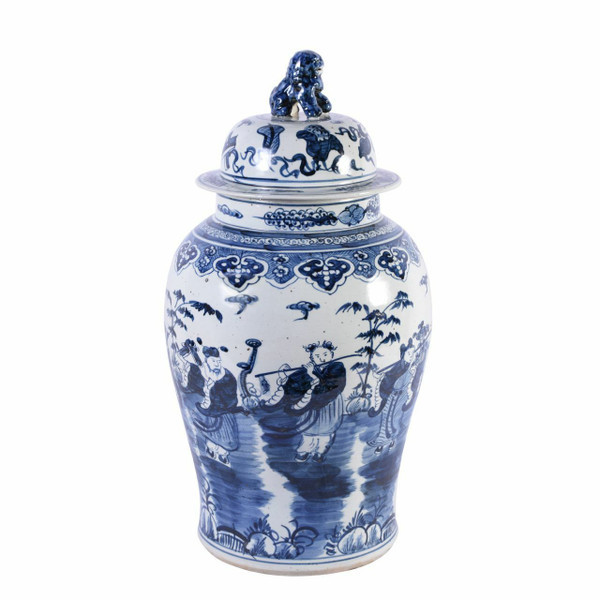 Blue & White Temple Jar W/ 8 Immortals Motif