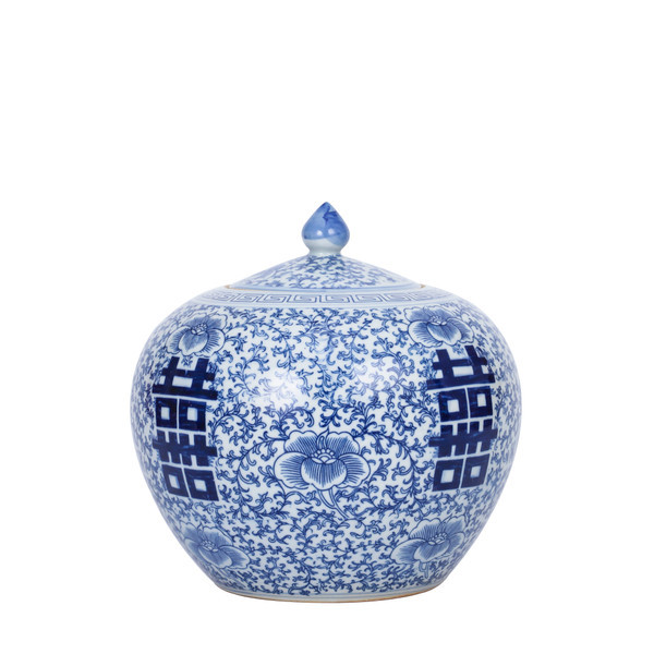 Blue And White  Porcelain Floral Double Happiness Melon Jar