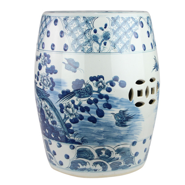 B&W Village Flower Bird Garden Stool