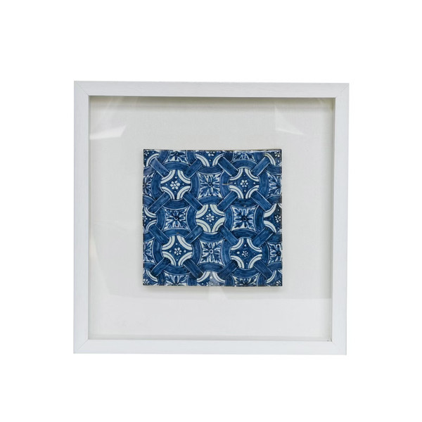 Handpainted Blue & White Antique Style Porcelain Tile Shadow Box -Infinity Chains of Flowers