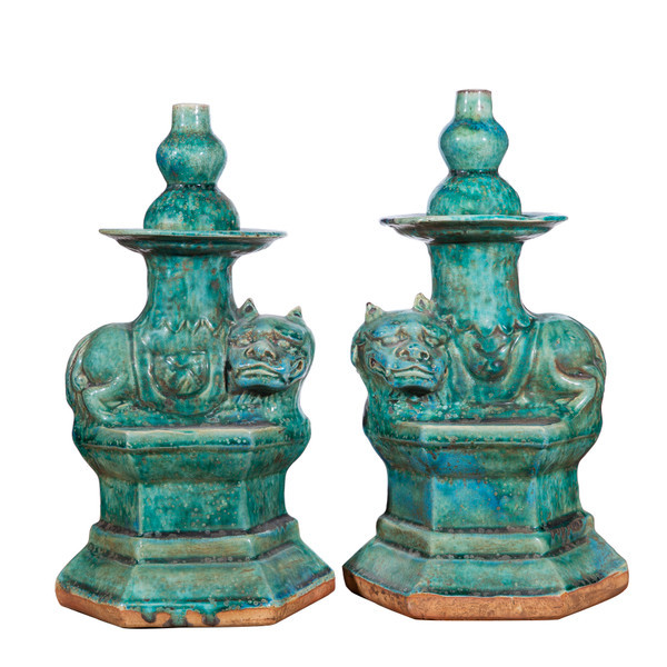 Speckled Green Lion Candle Holder Per Pair